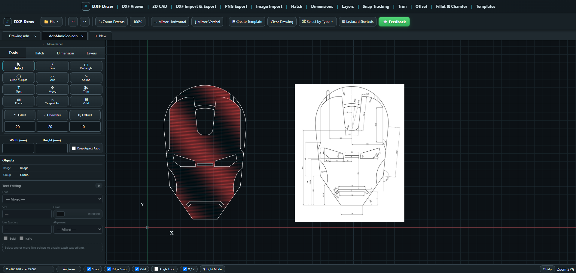 DXFDraw online DXF editor showing a reference drawing and edited CAD geometry